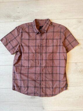 prAna Men Medium Mauve Pink Plaid Short Sleeve Button Down Shirt